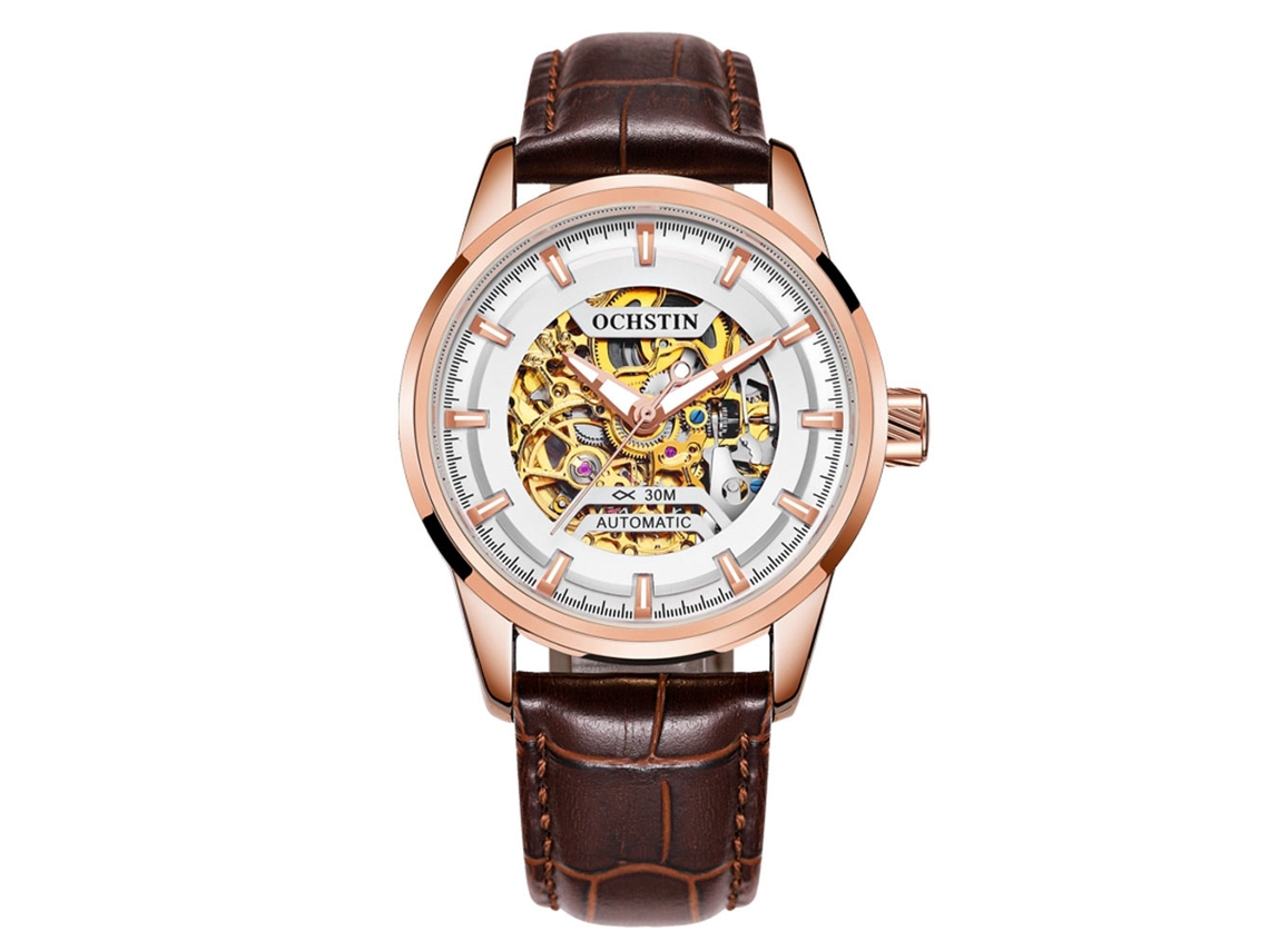 Relógio Automático Ochstin Masculino de Couro Autêntico com Design Oco Prata Rose Branco
