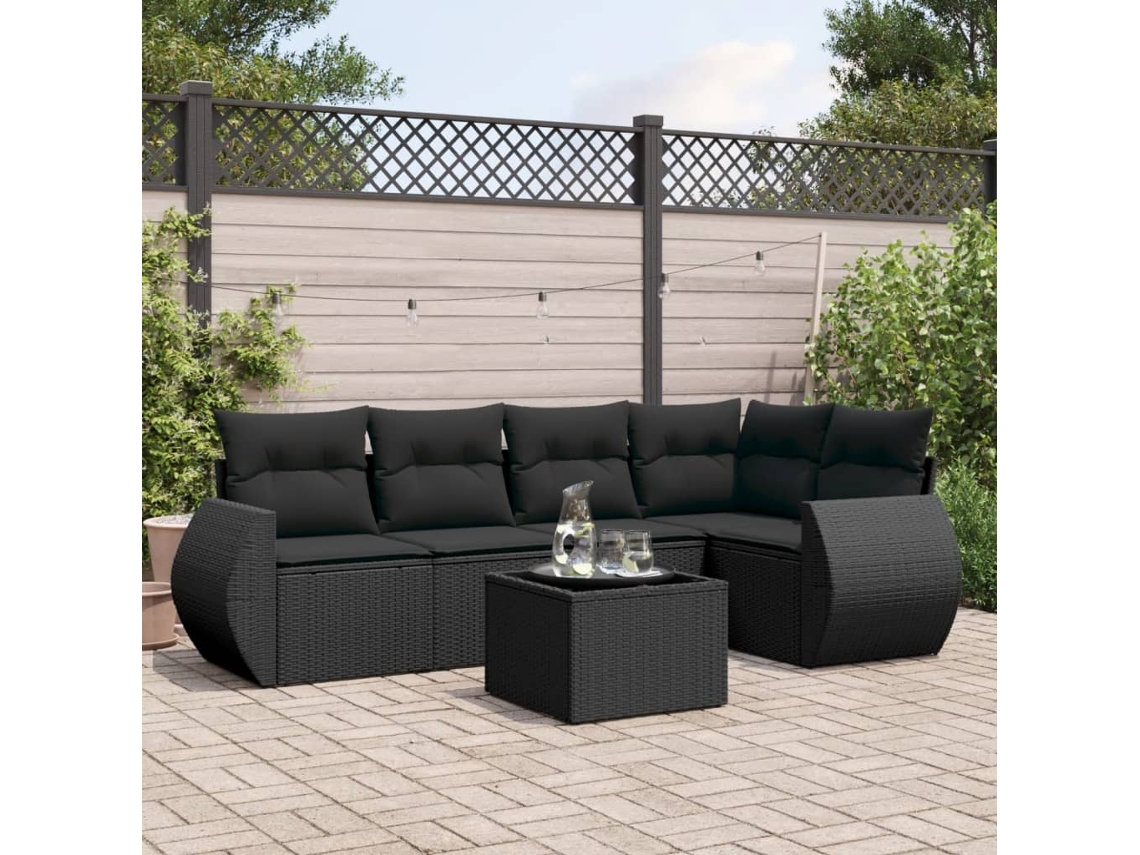Vidaxl 6 Pcs Conjunto Sofás De Jardim C/ Almofadões Vime Pe Preto