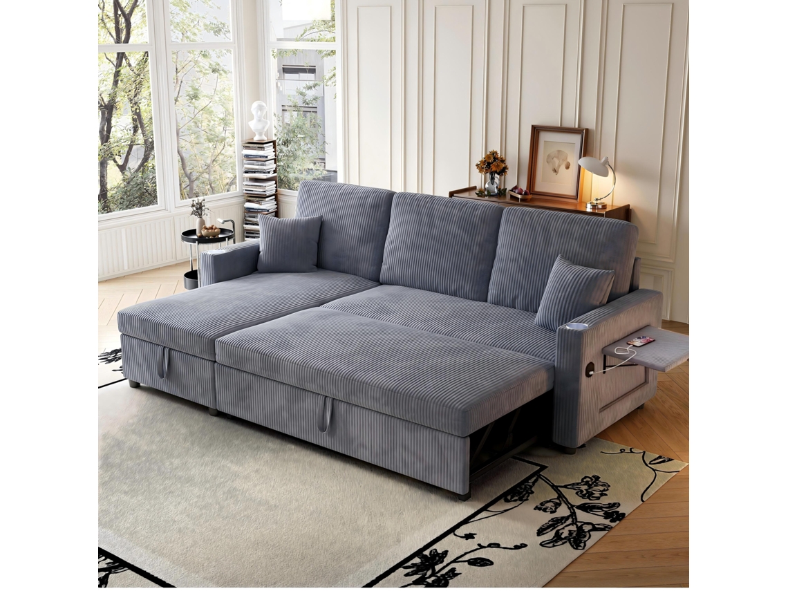 Sofá Modular L Curvo com Chaise Esquerda e 2 Lugares em Chenille, Sem Montagem, Cinza Escuro