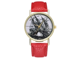 Relógio de Pulso Analógico de Quartzo com Pulseira Pu Estilo Retro para Mulher (vermelho)