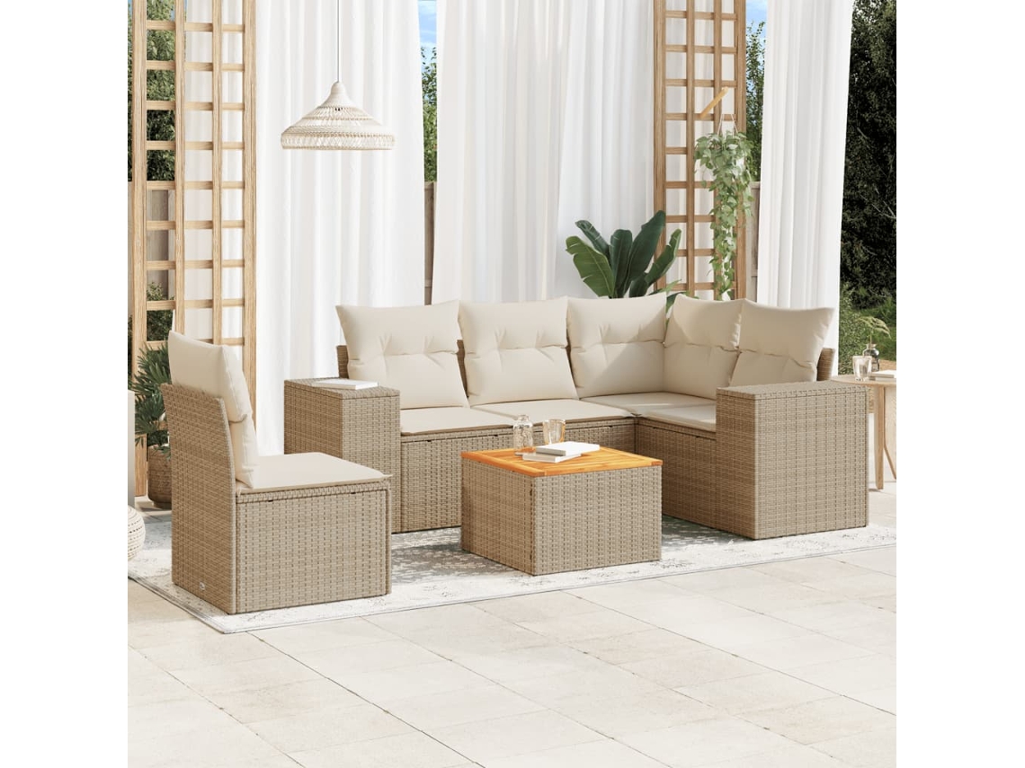 Vidaxl 6 Pcs Conjunto De Sofás P/ Jardim Com Almofadões Vime Pe Bege
