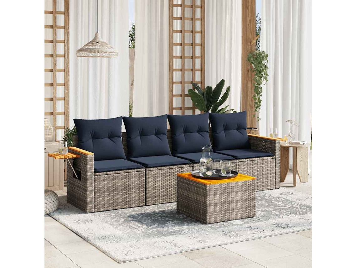 Vidaxl 5 Pcs Conjunto Sofás P/ Jardim C/ Almofadões Vime Pe Cinzento