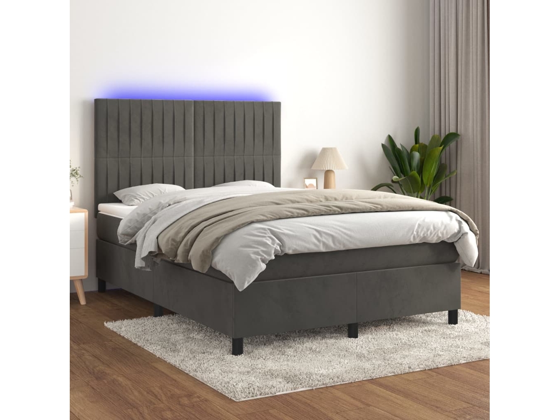 Cama Box Spring C/ Colchão/led 140x190cm Veludo Cinzento-escuro