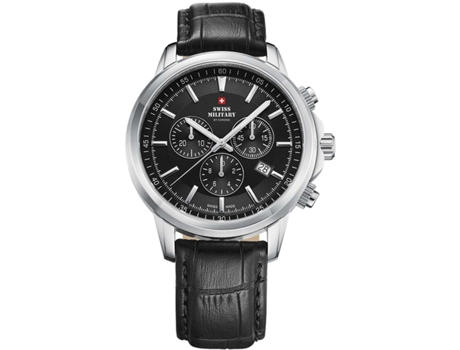 Relógio masculino preto couro real cronógrafo Sm34052.08 SWISS MILITARY BY CHRONO