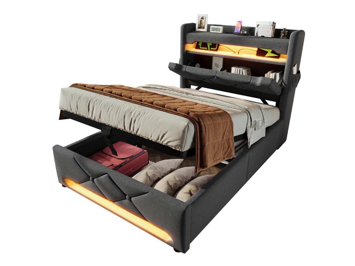 Cama de Solteiro Estofada 90x200 com Cabeceira com Armazenamento,usb,iluminação Led 360° e Baú Hidráulico,cinza PAPRIKA