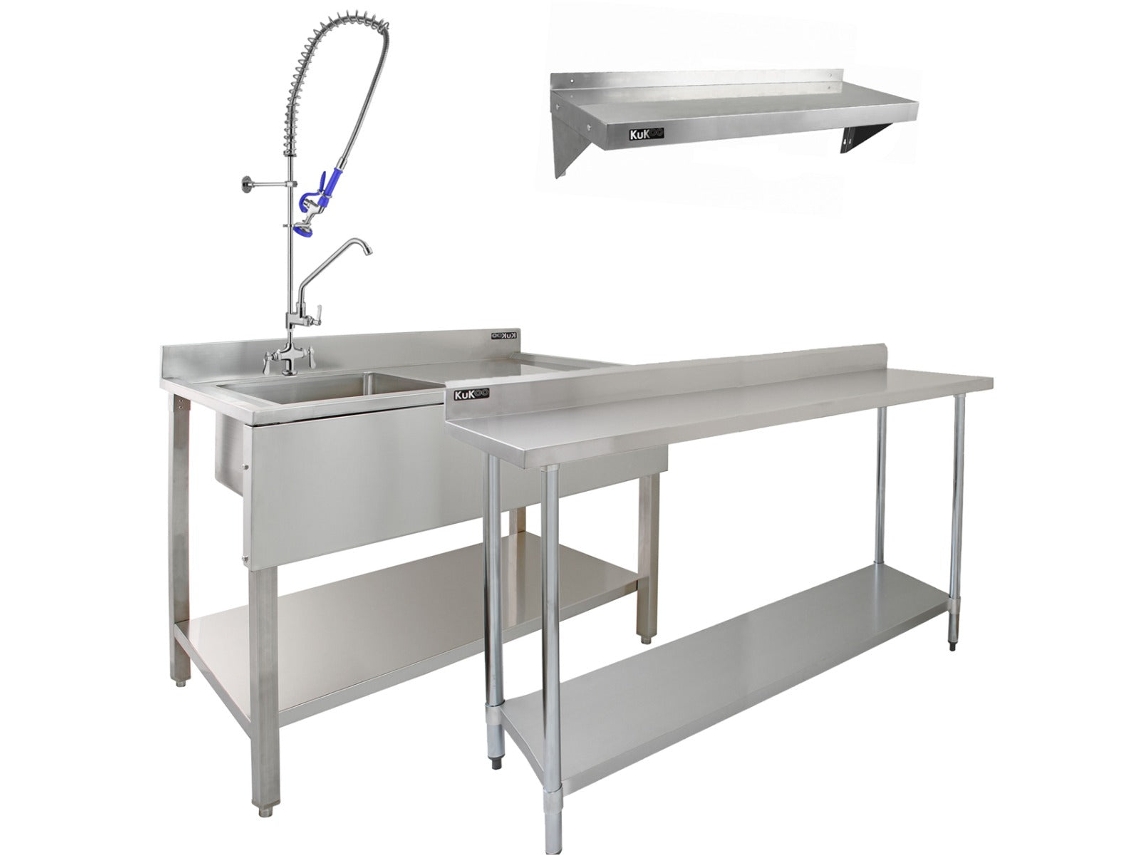 Conjunto Kukoo Profissional Em Aço Inox Com Lava Louças Comercial, Torneiras De Pré Enxágue, Mesa De Catering Monstershop