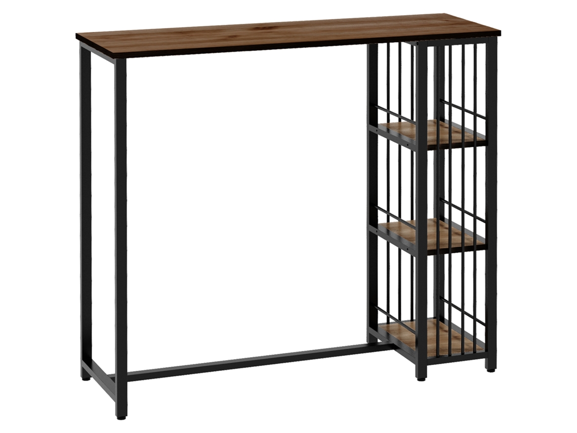 Mesa Alta De Cozinha Com 3 Prateleiras Mesa De Bar Retangular Para 2 Pessoas Pés De Aço 120x40x105 Cm Castanho E Preto