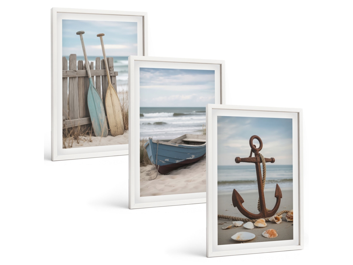 Composição De Quadros Âncora De Barco Na Praia Moldura Branca Quadros Para O Escritório Espelharte (3 Piezas De 40x60 Cm)