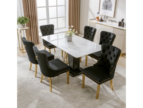 Cadeira De Jantar Elegante Com Aro Traseiro Único, 6 Peças, Estofada Em Veludo, Pés Dourados Em Aço Inoxidável, Preto E Dourado Quenty