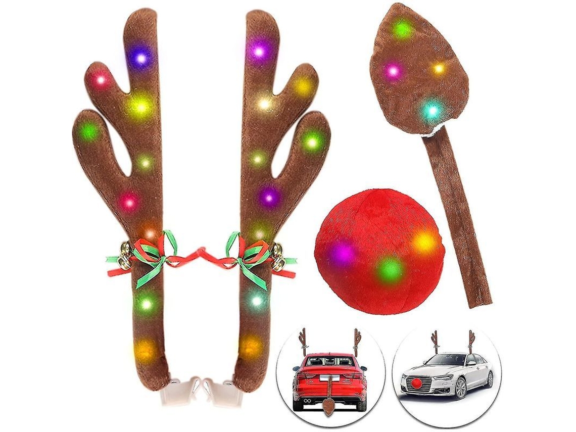 Kit De Antlers De Rena Para Carro Com Luzes Led, Nariz Vermelho E Cauda De Rena Para Natal