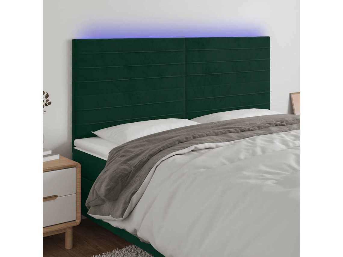 Vidaxl Cabeceira De Cama C/ Led Veludo 160x5x118/128 Cm Verde-escuro
