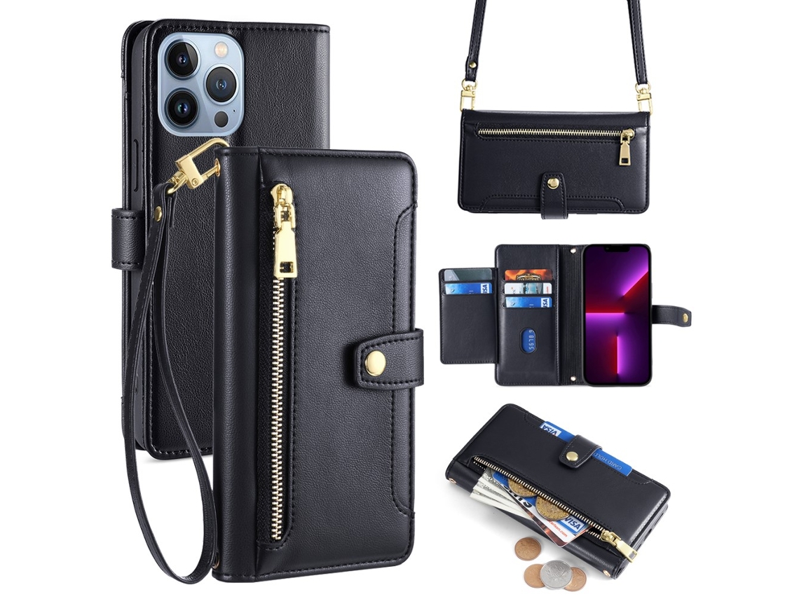 Capa Inch Para Iphone 13 Pro Max Pele Sintética Magnética Com Porta-cartões Preto