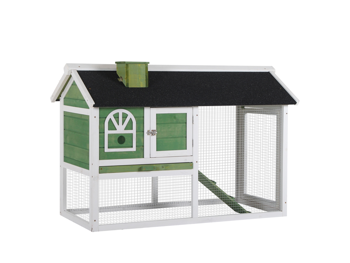 Coelheira de Madeira 120x60x79 Cm Coelheira com Teto Asfáltico Bandeja Removível Escada e Chaminé para Exterior Verde pt