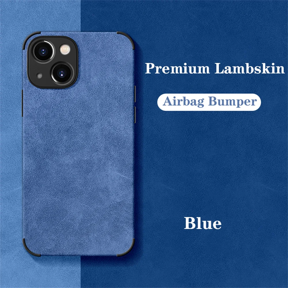 (iphone 14 Azul) Capa Resistente A Impactos Em Camurça De Pele De Carneiro Retrô E Silicone Macio.