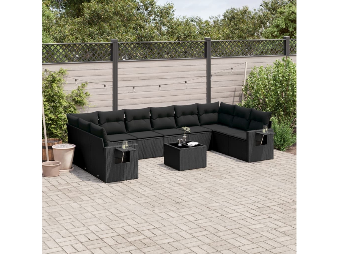 11 Pcs Conjunto Sofás De Jardim C/ Almofadões Vime Pe Preto Dkd Home Decor