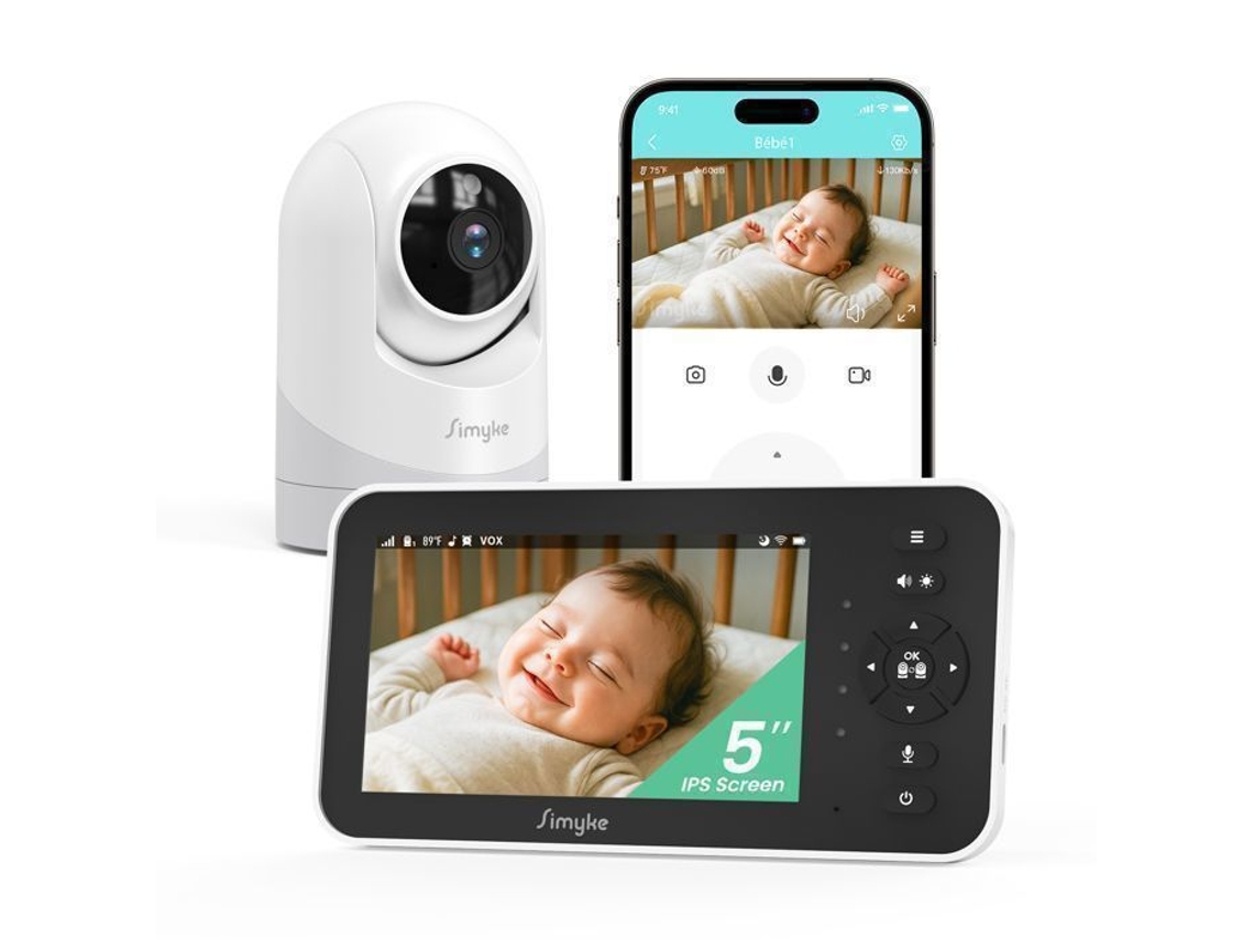 Simyke Babyphone Monitor 330° 5" - Controle De Temperatura - Visão Noturna - Conexão Até 450 Metros - Ângulo 120° - Comunicação Bidirecional - Modo Ap