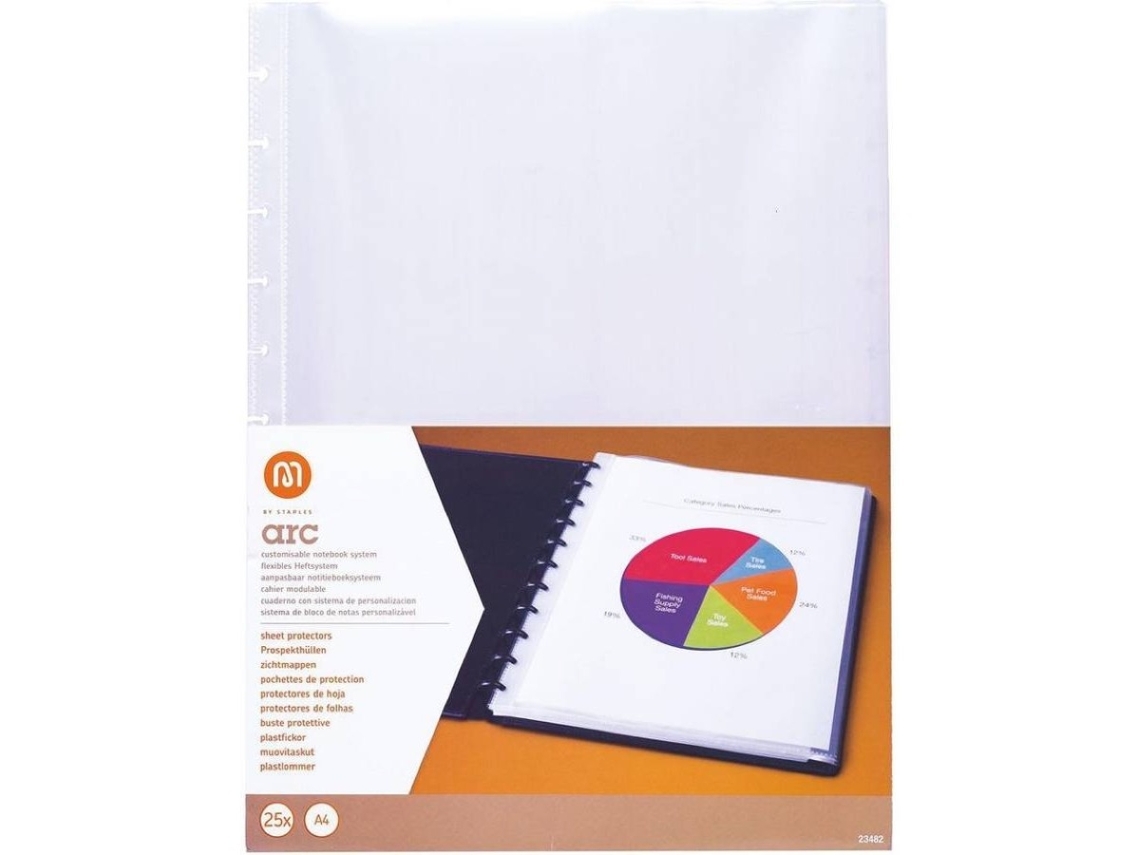 M By Staples Bolsa Perfurada ARC Caderno Inteligente, A4, Polipropileno, 11 Orifícios, Transparente, Pack 25 Unidades