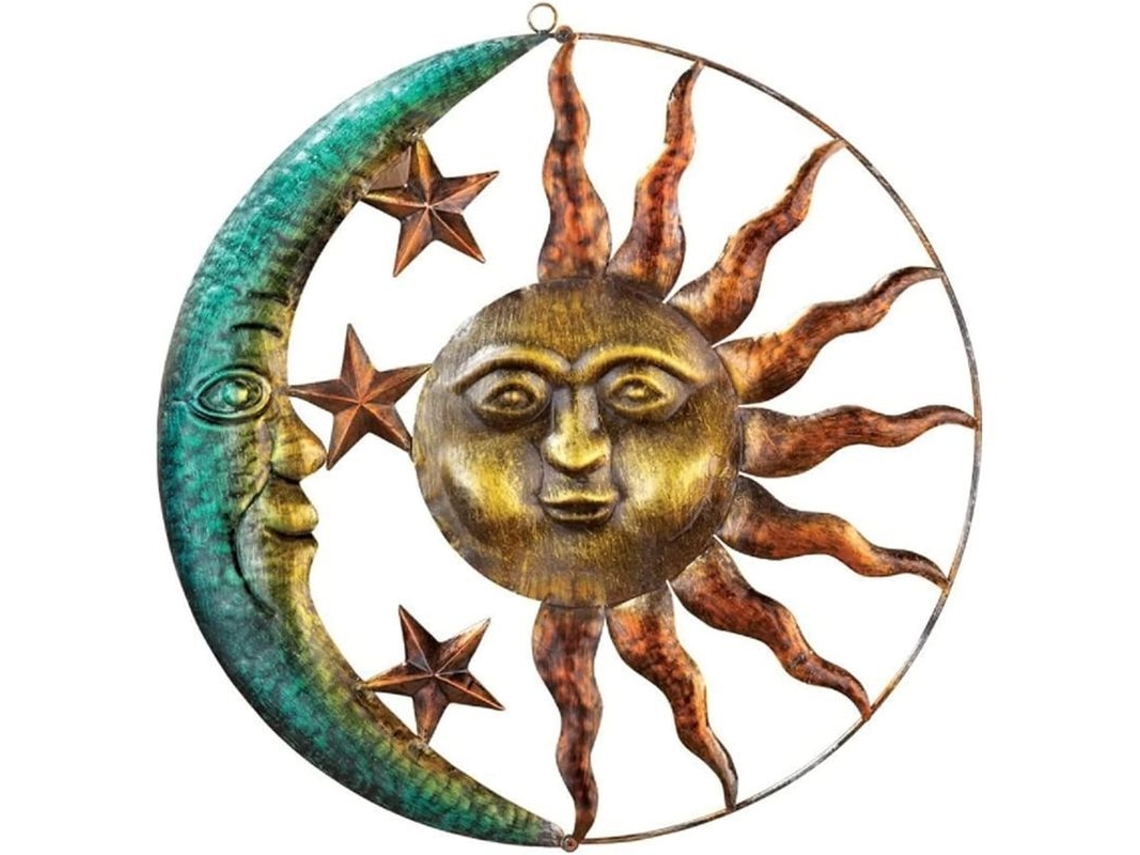 Mural decorativo de sol e lua em metal, criativo para ambientes internos e externos.