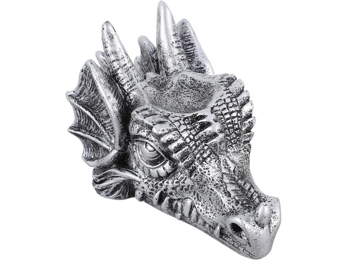 Escultura Resina Suporte Forma Cabeça Dragão Prateada Decoração Criativa Exclusiva Interiores Bola GOKOCO