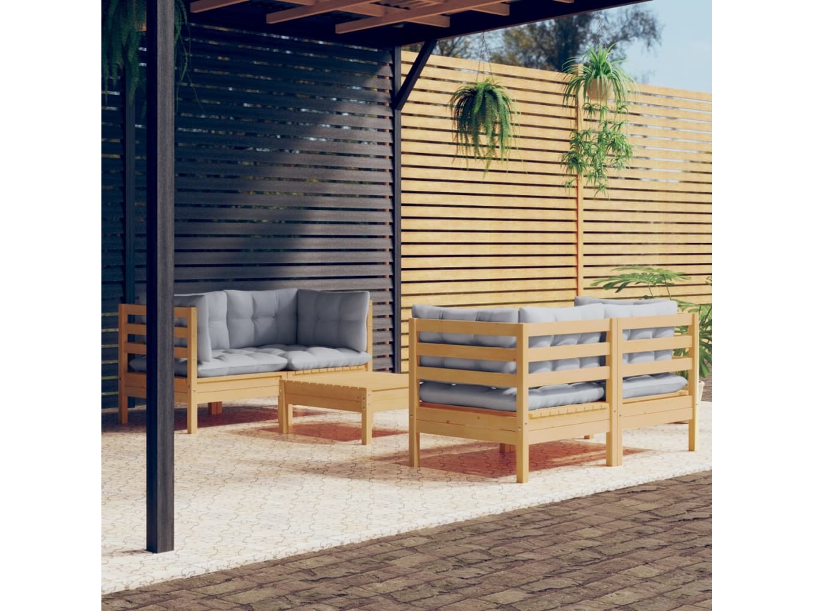Vidaxl 5 Pcs Conjunto Lounge De Jardim C/ Almofadões Cinzentos Pinho