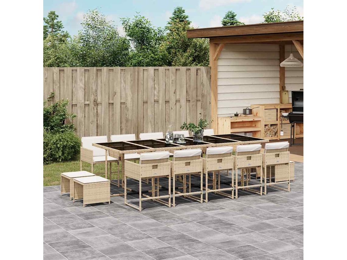 Vidaxl 15 Pcs Conjunto De Jantar P/ Jardim Com Almofadões Vime Pe Bege