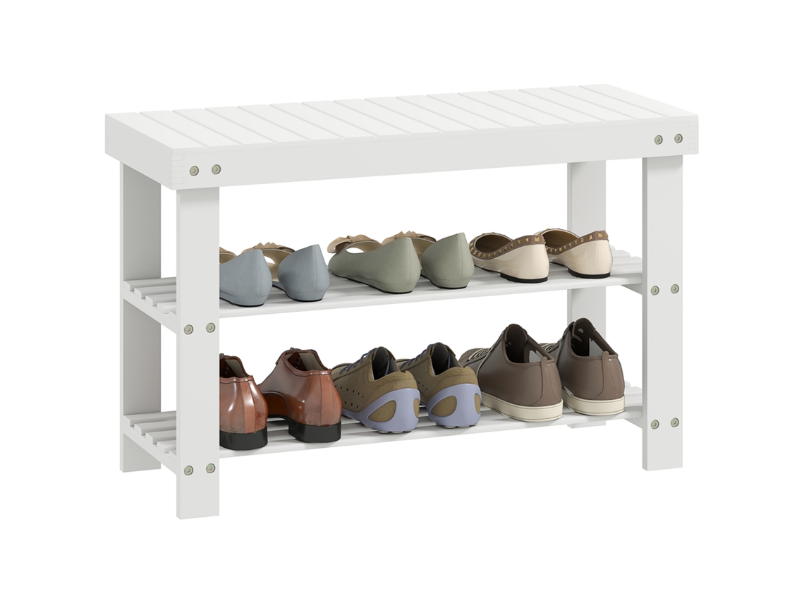 Banco Bambu Sapatos Assento 2 Prateleiras 6 Pares Branco