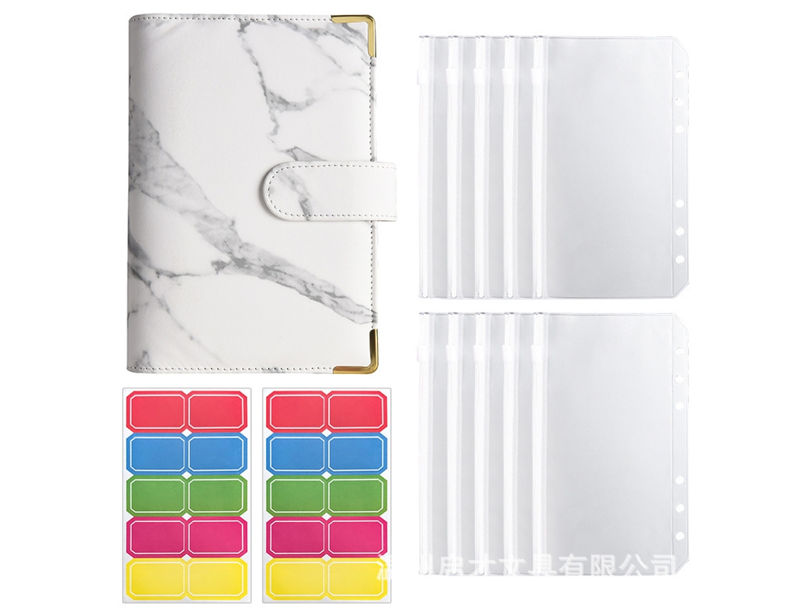 A6 Marble Pattern White Pu Leather Binder Notebook, Includes 10-zipper Bags + 2-sheets Of 5-color 10tab Labels 20-tabs