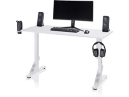 Mesa Gaming 136x60cm Branca (Altura Ajustável, Gestão de Cabos, Acessórios)