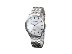 Relógio masculino de quartzo em metal branco com pulseira ajustável, estilo executivo.