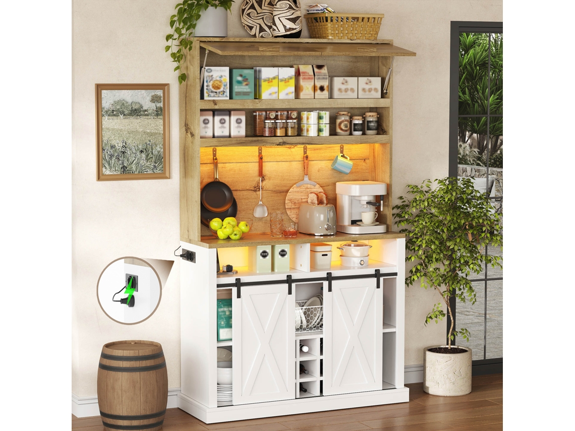 Armário Alto De Cozinha 191 Cm Com Led, Tomada, Porta Rebatível, Ganchos, Arrumação Para Vinho E Vitrine Para Cozinha E Sala De Jantar