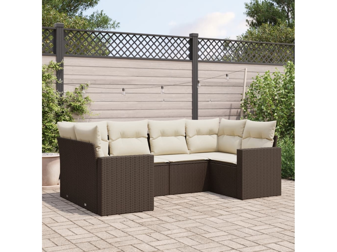 Vidaxl 6 Pcs Conjunto De Sofás Jardim C/ Almofadões Vime Pe Castanho