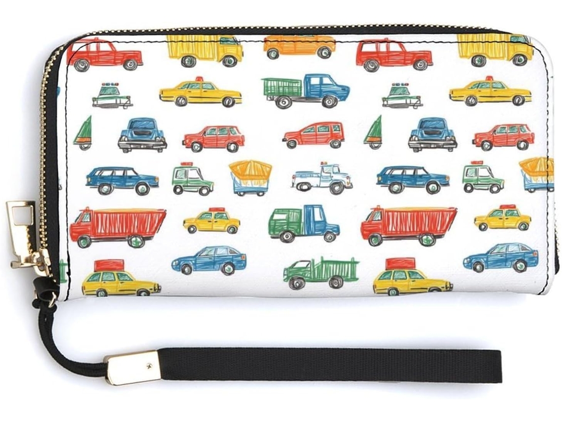 Carteira feminina de couro com estampa de carros e zíper S/MARCA