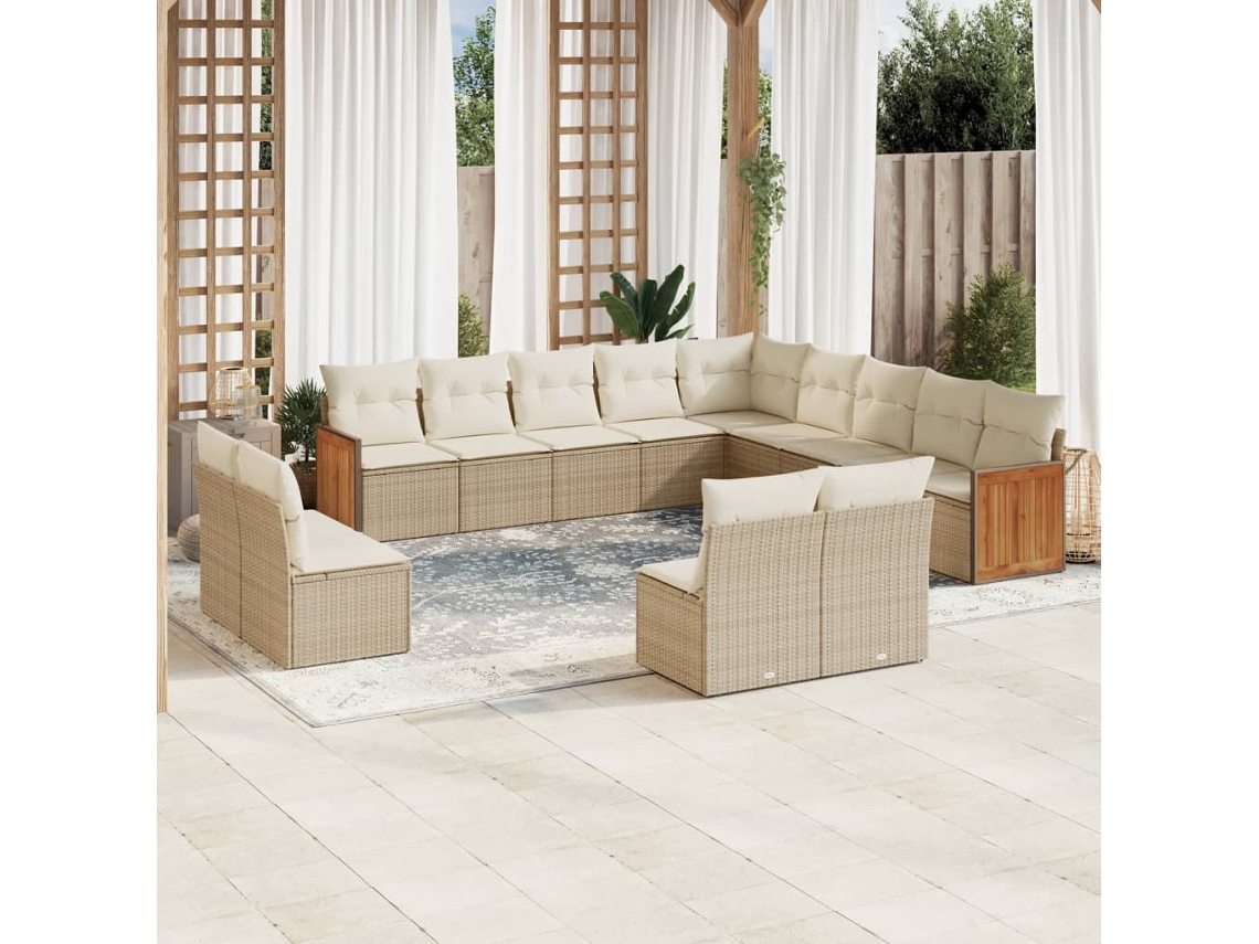 Vidaxl 13 Pcs Conjunto De Sofás P/ Jardim Com Almofadões Vime Pe Bege