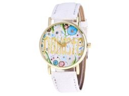 Relógio Feminino de Pulso Estilo Étnico com Estampa Floral Pulseira Pu Quartzo Branco