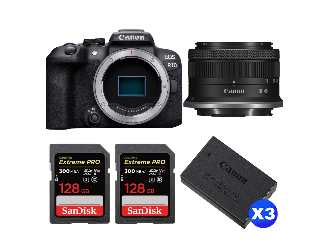 Eos R10 + Rf S 18 45mm F4.5 6.3 Is Stm + 2 Sandisk 128gb Uhs ii 300mb/s + 3 Canon Lp e17 + Ebook “20 Dicas para Fotos Que Impressionam” CANON