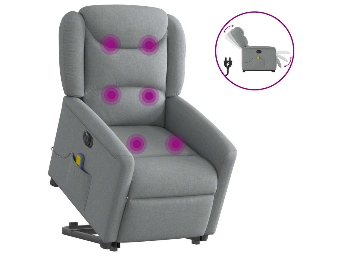 Vidaxl Poltrona Elétrica Reclinável Massagens Tecido Cinzento-claro
