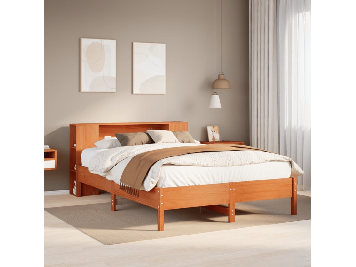 Vidaxl Cama Com Estante Sem Colchão 140x200 Cm Pinho Maciço