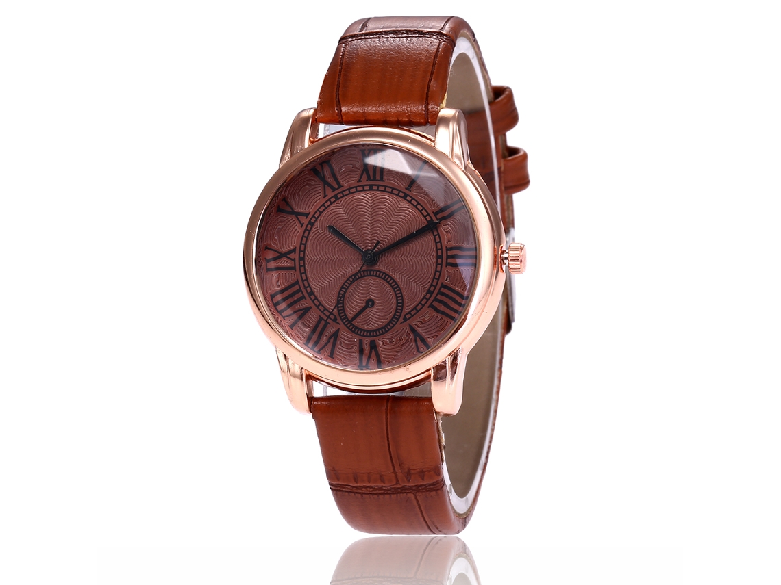 Relógio feminino de quartzo com pulseira de couro PU, mostrador com algarismos romanos, cor café Zhoulianfa
