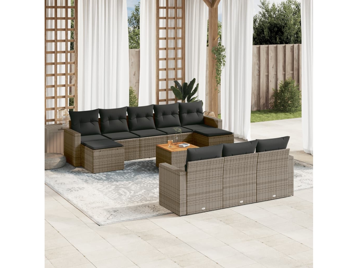 Vidaxl 11 Pcs Conjunto Sofás De Jardim C/ Almofadões Vime Pe Cinzento