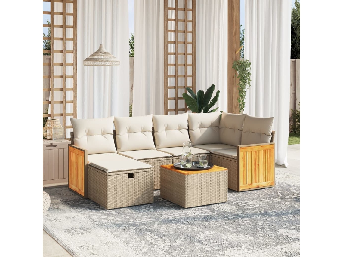 Vidaxl 7 Pcs Conjunto De Sofás P/ Jardim Com Almofadões Vime Pe Bege