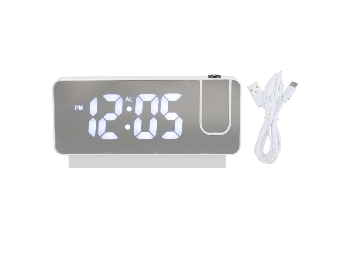 Reloj Despertador Proyección Usb Recargable Luz Blanca Brillo Ajustable Espejo Led Blanco