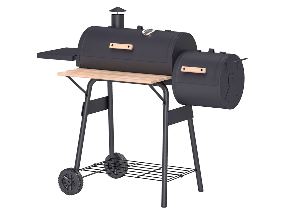 Barbecue A Carvão 2 Em 1 Defumador E Grelha Com Termómetro Rodas E Prateleiras 124x53x104cm Preto
