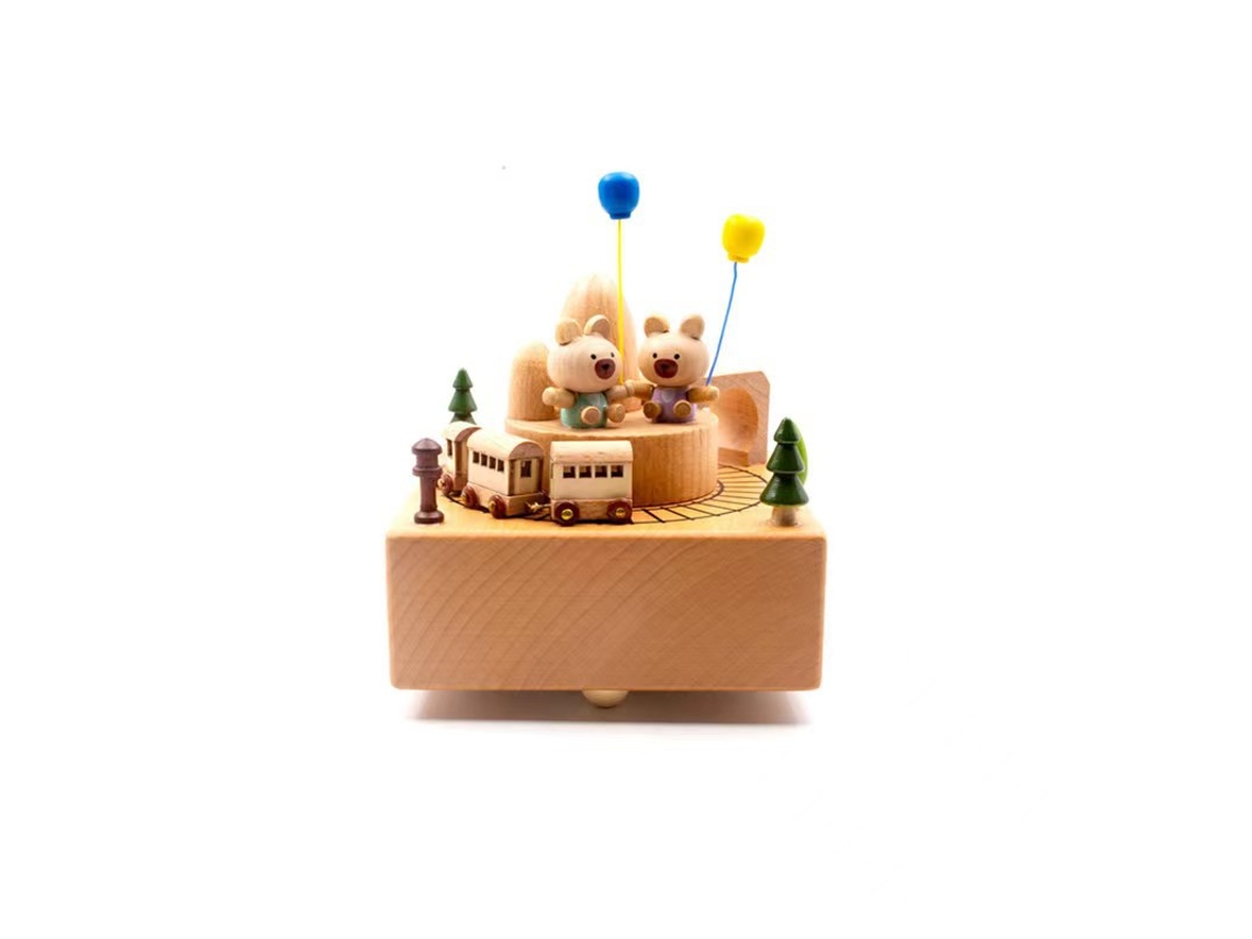 Caixa de Música em Madeira Lala Bear Train, Produto Artesanal, Presente Natal para Crianças AQUAFORGE
