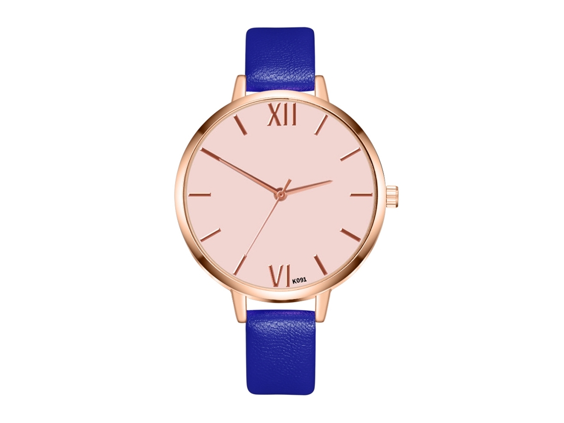 Relógio de Pulso Feminino Fashion de Couro Pu com Mostrador Redondo e Movimento de Quartzo Azul
