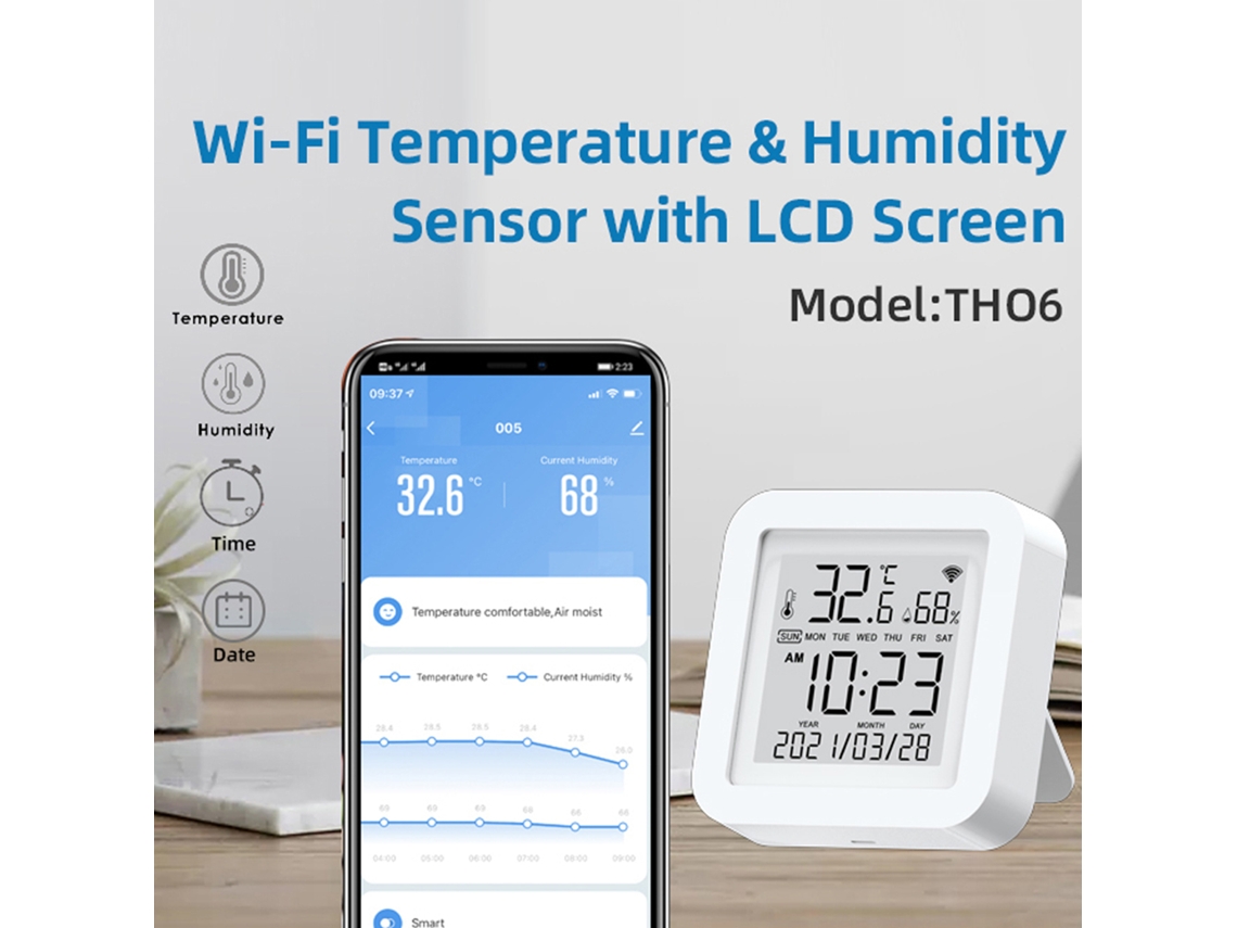 2026 sensor Inteligente Wifi com Tela Lcd, Termômetro e Umidade, Compatível com Alexa, Usb, Interruptor ℉/℃, Data/hora para Casa