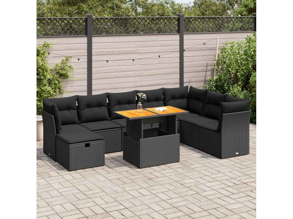 Vidaxl 9 Pcs Conjunto Sofás P/ Jardim Almofadões Vime Pe/acácia Preto