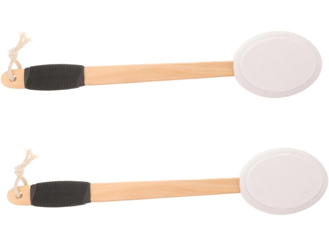 Conjunto De 2 Escovas Banho Plafope Com Cabo Longo E Curvo Cabeça Esponja Macia, Para Limpeza Corporal De Pele Seca E
