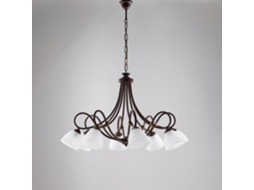 Dallas Lustre Em Ferro Lacado Preto Com Deco Efeito Ferrugem E Acabamento Em Ouro Antigo Com Difusores De Vidro D. 13 Alabastro Branco 8 Luzes Belight