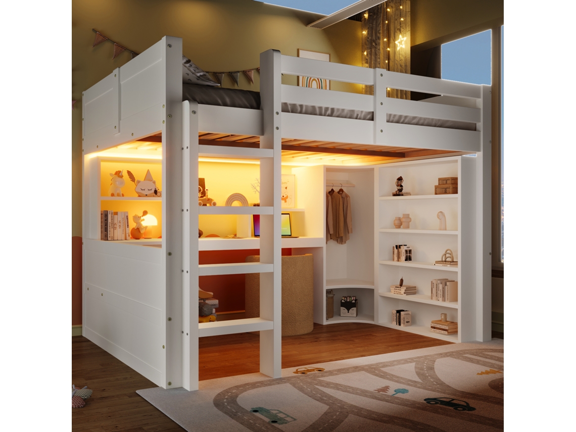 Cama Alta Em Pinho Branco 140x200 Cm