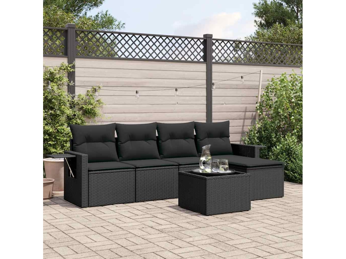 Vidaxl 6 Pcs Conjunto Sofás De Jardim C/ Almofadões Vime Pe Preto